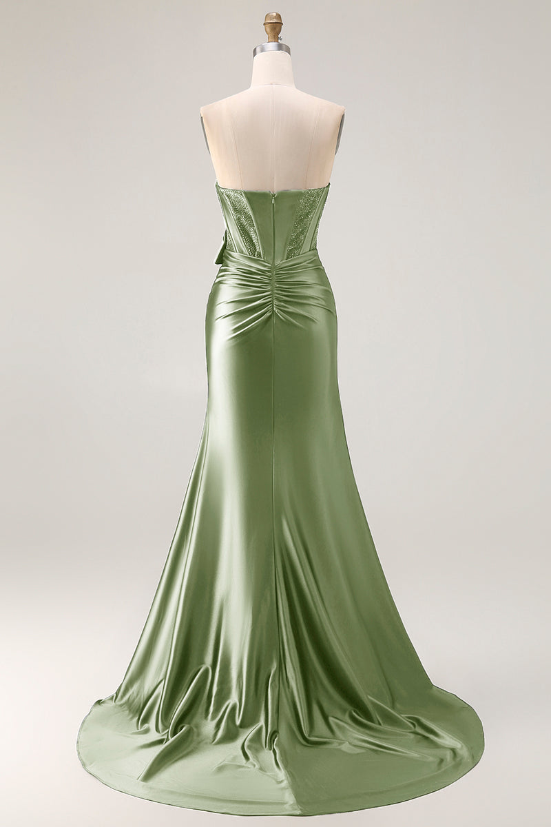 Load image into Gallery viewer, Navy Mermaid Strapless Corset Maxi Prom Dress with Slit