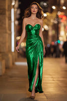 Load image into Gallery viewer, Sparkly Gold Metallic Sweetheart Ruched Long Formal Dress with Slit