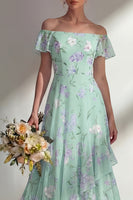 Load image into Gallery viewer, Floral Green A Line Off the Shoulder Long Boho Wedding Guest Dress with Ruffles
