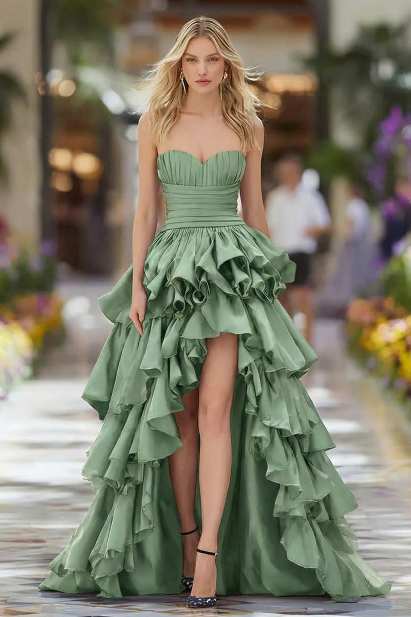 Load image into Gallery viewer, Dark Blue Ruffled Strapless High Low Prom Dress