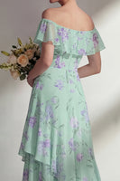 Load image into Gallery viewer, Floral Green A Line Off the Shoulder Long Boho Wedding Guest Dress with Ruffles