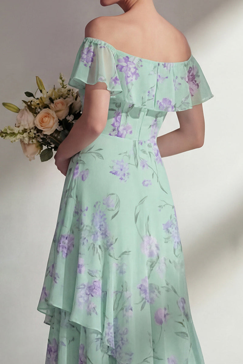 Load image into Gallery viewer, Floral Green A Line Off the Shoulder Long Boho Wedding Guest Dress with Ruffles