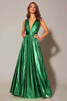 Load image into Gallery viewer, Sparkly Gold Metallic A-Line Pleated V-Neck Long Formal Dress
