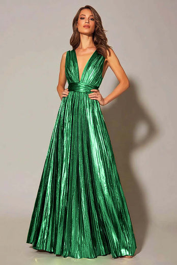 Sparkly Gold Metallic A-Line Pleated V-Neck Long Formal Dress