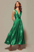 Load image into Gallery viewer, Sparkly Gold Metallic V-Neck A-Line Pleated Long Formal Dress