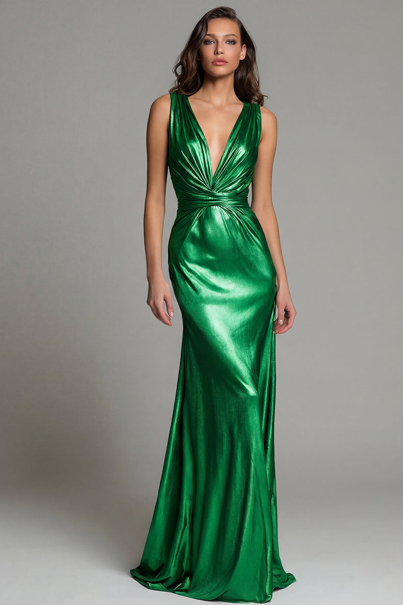 Load image into Gallery viewer, Sparkly Gold Metallic Deep V-Neck Long Formal Dress