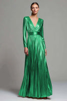 Load image into Gallery viewer, Sparkly Gold Metallic V-Neck Pleated A-Line Long Sleeves Formal Dress