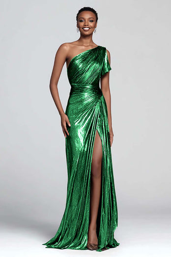 Sparkly Brown Mermaid One Shoulder Metallic Long Formal Dress with Slit