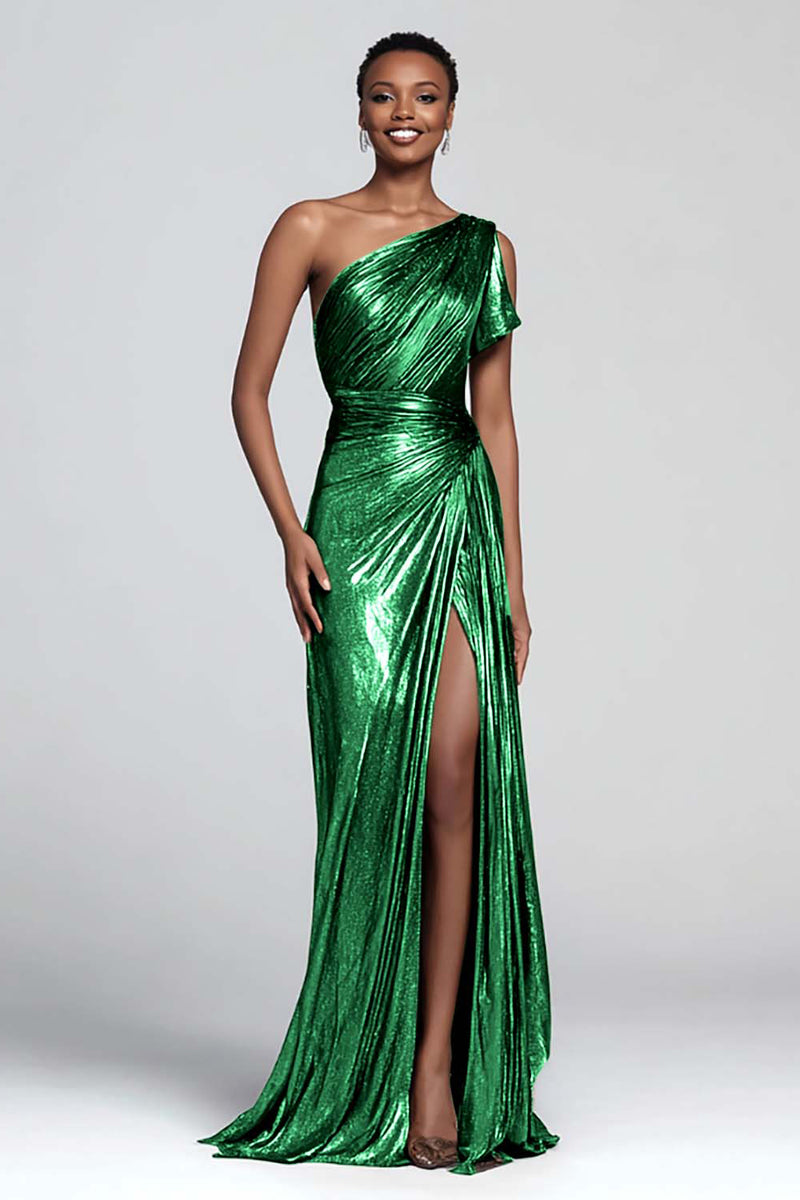 Load image into Gallery viewer, Sparkly Brown Mermaid One Shoulder Metallic Long Formal Dress with Slit