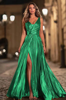 Load image into Gallery viewer, Sparkly Gold Metallic V-Neck Pleated A-Line Long Formal Dress with Slit