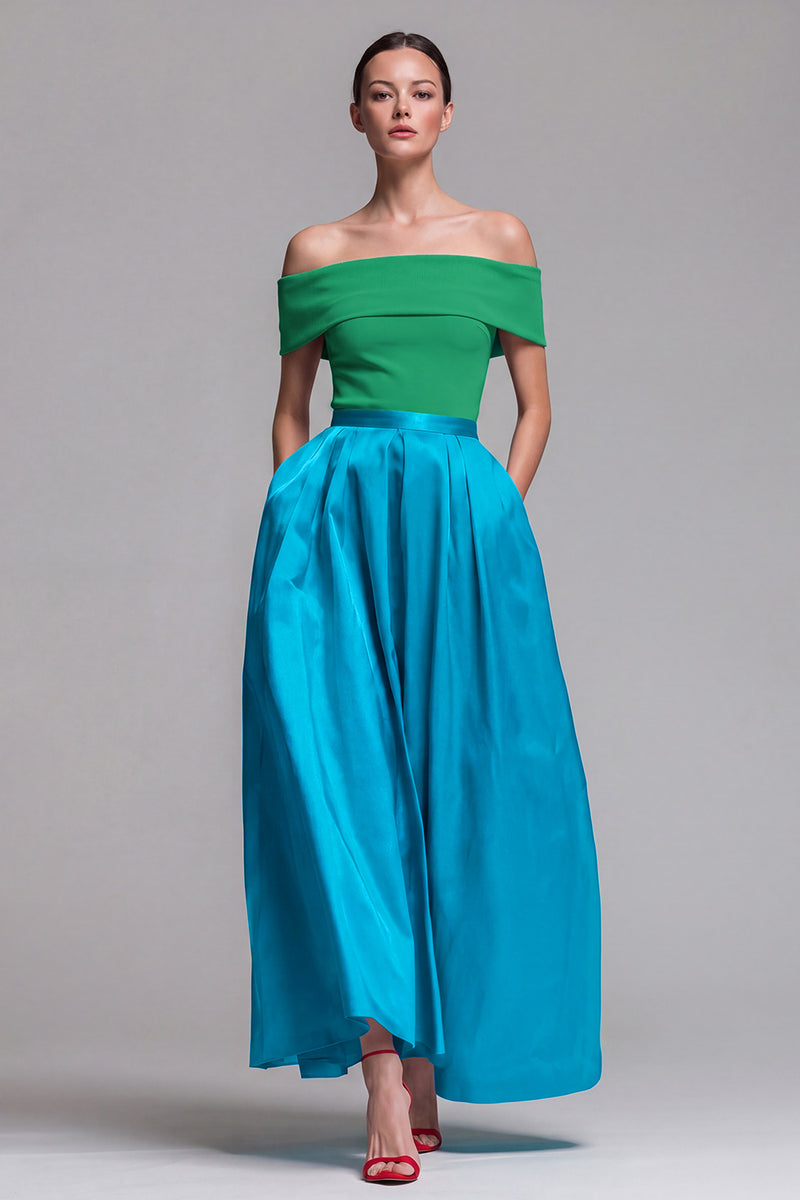 Load image into Gallery viewer, Fuchsia and Red Long Off the Shoulder A Line Patchwork Formal Dress