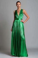 Load image into Gallery viewer, Sparkly Gold Metallic A-Line V-Neck Pleated Long Formal Dress