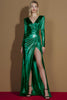Load image into Gallery viewer, Metallic Golden V-Neck Glitter Long Sleeves Gala Dress with Slit