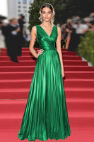 Load image into Gallery viewer, Gold V-Neck Metallic Pleated A Line Long Formal Dress