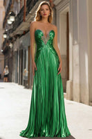 Load image into Gallery viewer, Sparkly Gold Pleated Strapless Metallic Long Prom Dress