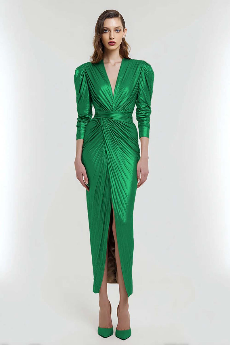 Load image into Gallery viewer, Light Gold Metallic V-Neck Sheath Long Formal Dress with Sleeves