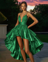 Load image into Gallery viewer, Sparkly Gold Metallic Ruched A Line High-Low Cocktail Dress