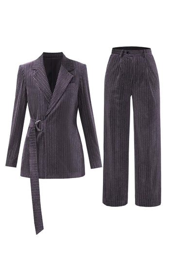 Peacock Blue Stripe Notched Lapel 2 Pieces Women Party Suits with Belt