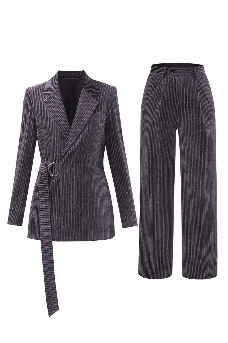 Load image into Gallery viewer, Peacock Blue Stripe Notched Lapel 2 Pieces Women Party Suits with Belt