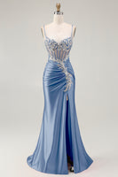 Load image into Gallery viewer, Sparkly Grey Pink Mermaid Satin Long Corset Prom Dress with Slit