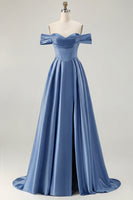 Load image into Gallery viewer, Blue A Line Off the Shoulder Satin Long Prom Dress with Slit