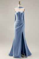 Load image into Gallery viewer, Mermaid Light Green Corset Neck Scarf Long Prom Dress with Slit