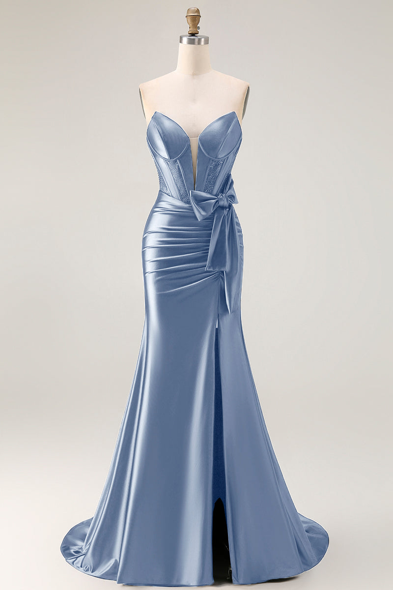 Load image into Gallery viewer, Navy Mermaid Strapless Corset Maxi Prom Dress with Slit