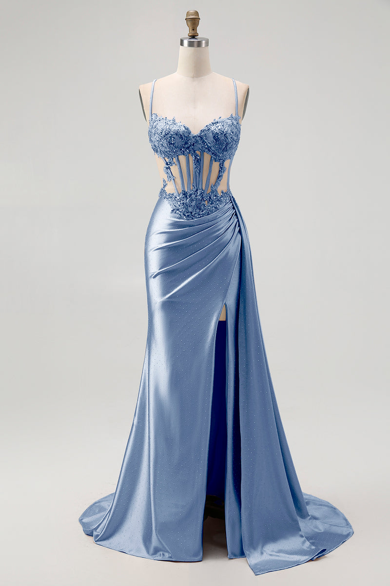 Load image into Gallery viewer, Sparkly Champagne Mermaid Satin Spaghetti Straps Long Prom Dress with Beading