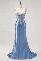 Load image into Gallery viewer, Sparkly Blush Mermaid Spaghetti Straps Satin Long Corset Prom Dress with Beading