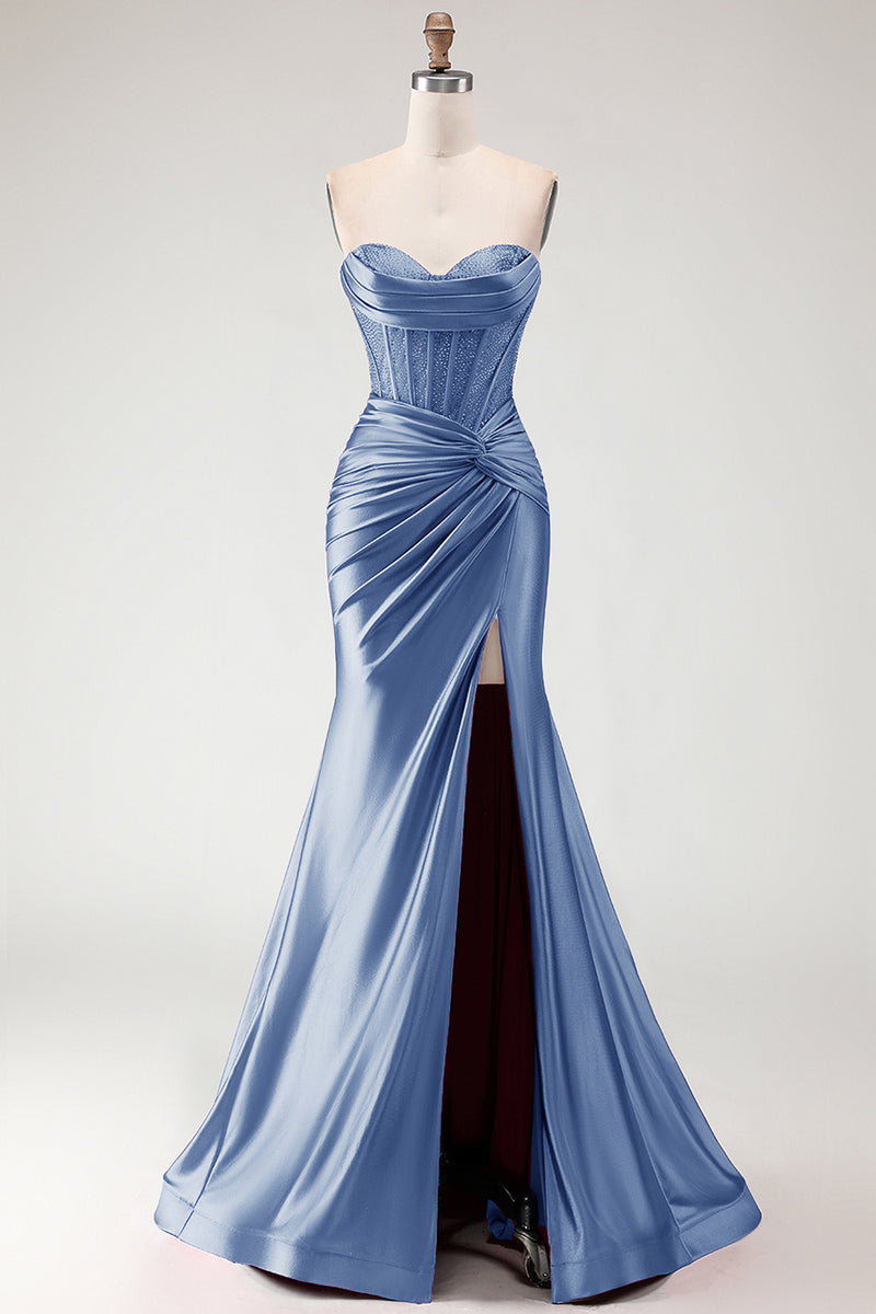 Load image into Gallery viewer, Burgundy Mermaid Satin Long Corset Prom Dress with Slit