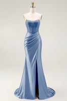 Load image into Gallery viewer, Sparkly Blush Strapless Mermaid Ruched Long Prom Dress with Slit