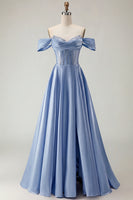 Load image into Gallery viewer, Sparkly Purple A Line Beaded Satin Long Corset Prom Dress with Slit