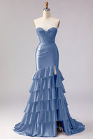 Load image into Gallery viewer, Red Satin Ruffled Mermaid Long Corset Prom Dress with Slit