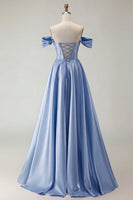 Load image into Gallery viewer, Sparkly Purple A Line Beaded Satin Long Corset Prom Dress with Slit