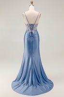Load image into Gallery viewer, Sparkly Grey Pink Mermaid Satin Long Corset Prom Dress with Slit