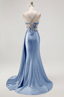 Load image into Gallery viewer, Sparkly Champagne Mermaid Satin Spaghetti Straps Long Prom Dress with Beading