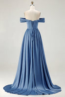 Load image into Gallery viewer, Blue A Line Off the Shoulder Satin Long Prom Dress with Slit