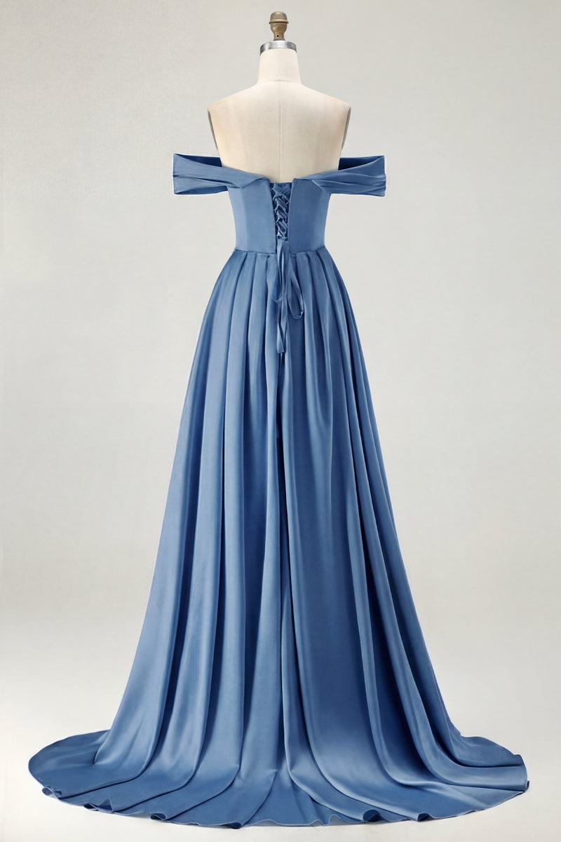 Load image into Gallery viewer, Blue A Line Off the Shoulder Satin Long Prom Dress with Slit