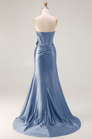 Load image into Gallery viewer, Navy Mermaid Strapless Corset Maxi Prom Dress with Slit