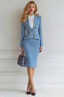 Load image into Gallery viewer, 2 Piece Royal Blue Double Breasted Midi Pencil Business Suits