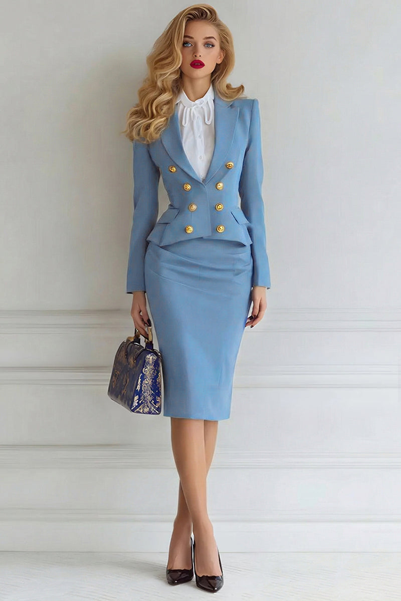 Load image into Gallery viewer, 2 Piece Royal Blue Double Breasted Midi Pencil Business Suits