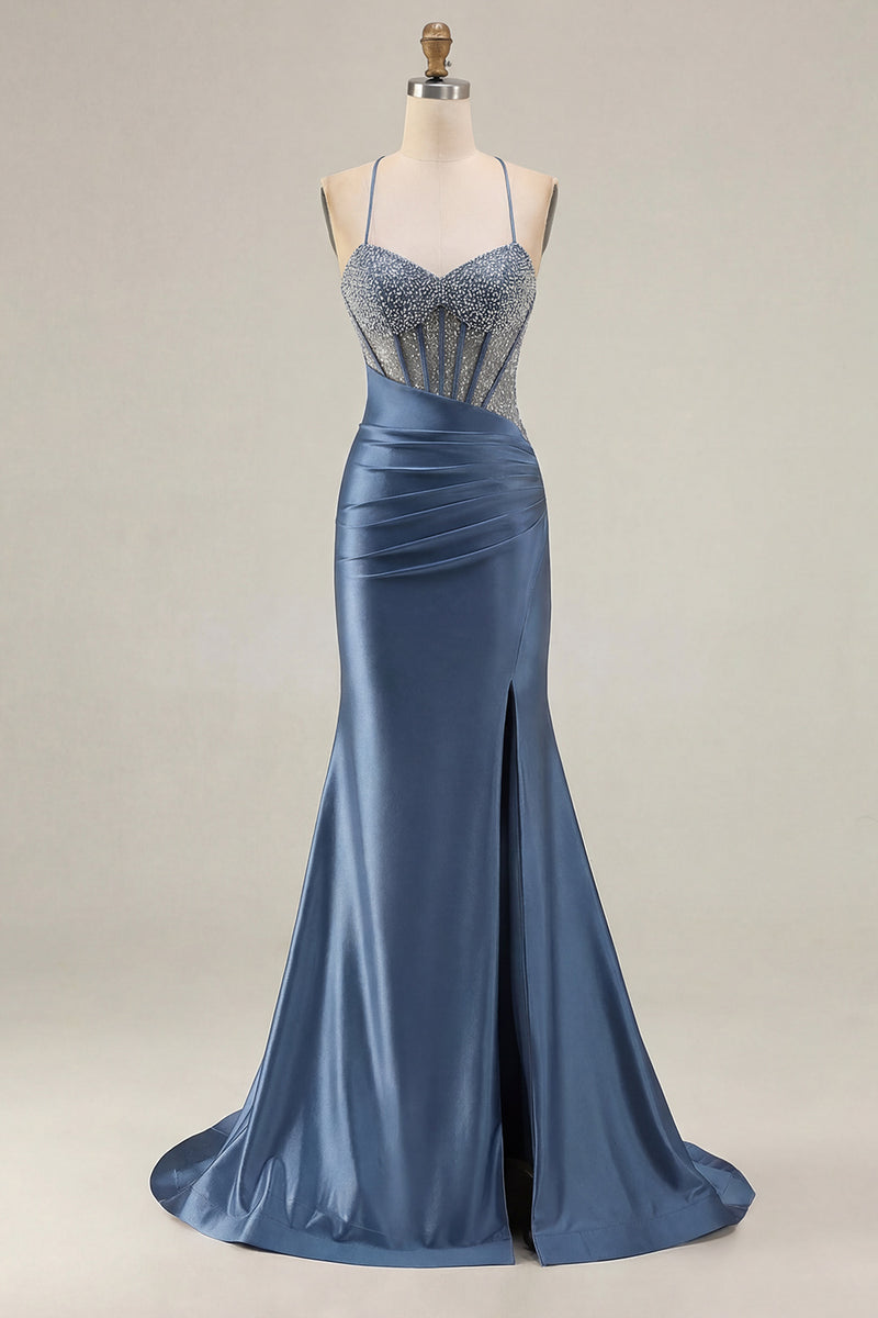 Load image into Gallery viewer, Sparkly Pink Mermaid Long Corset Prom Dress with Slit