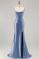 Load image into Gallery viewer, Dark Green Strapless Satin Mermaid Long Corset Prom Dress with Slit