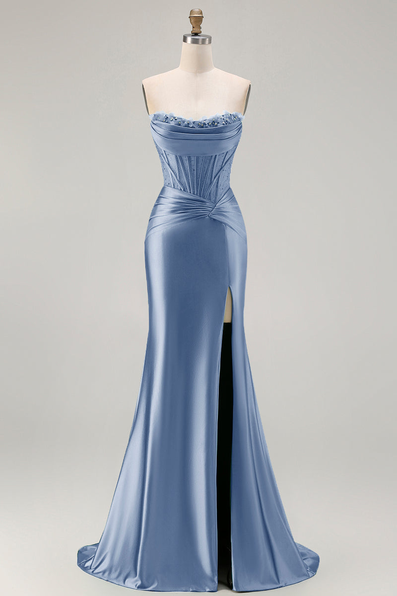 Load image into Gallery viewer, Dark Green Strapless Satin Mermaid Long Corset Prom Dress with Slit