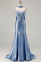 Load image into Gallery viewer, Blue Satin Sweetheart Mermaid Long Corset Prom Dress