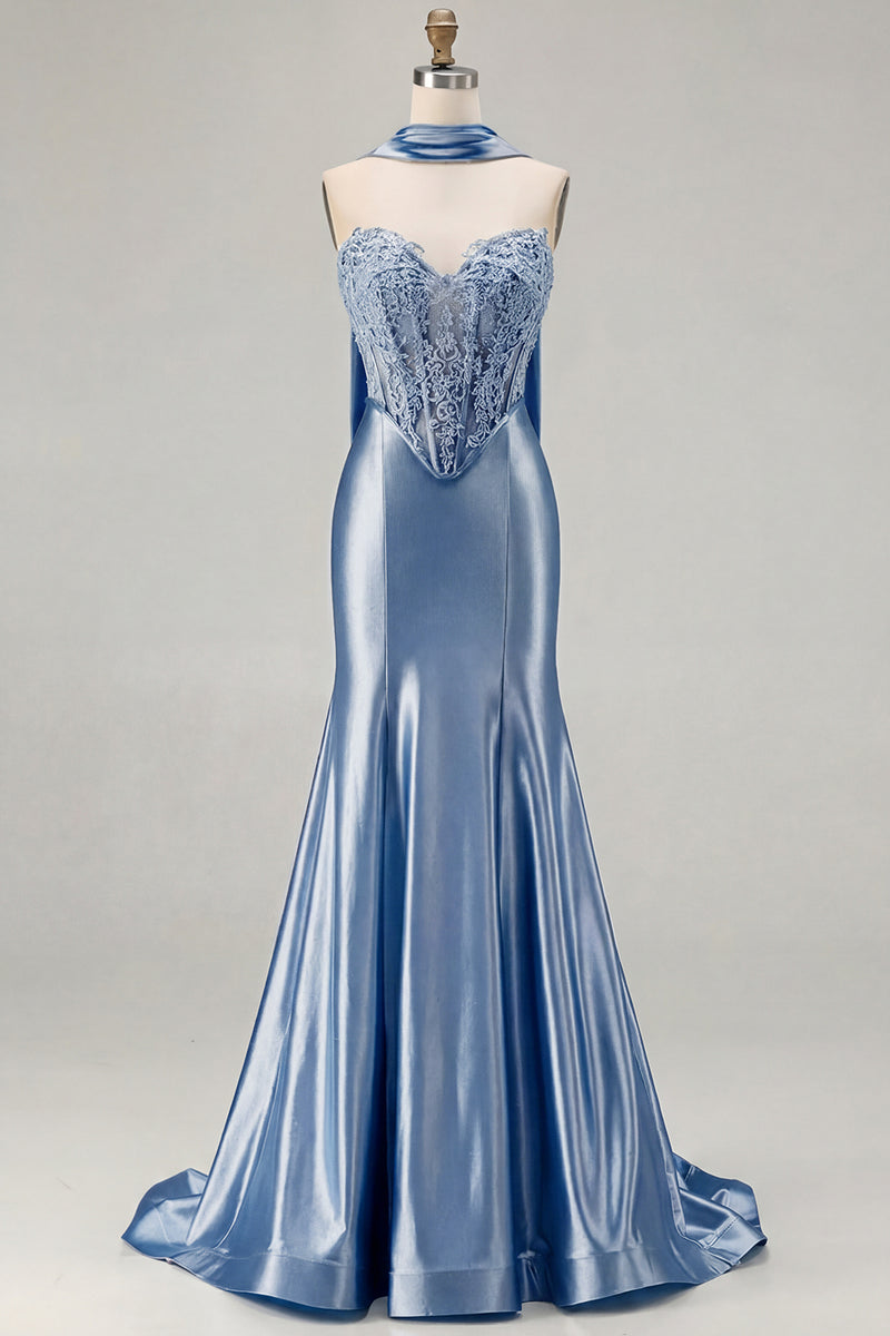 Load image into Gallery viewer, Blue Satin Sweetheart Mermaid Long Corset Prom Dress