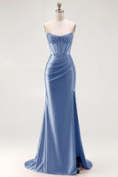 Load image into Gallery viewer, Sparkly Red Mermaid Satin Beaded Long Corset Prom Dress with Slit