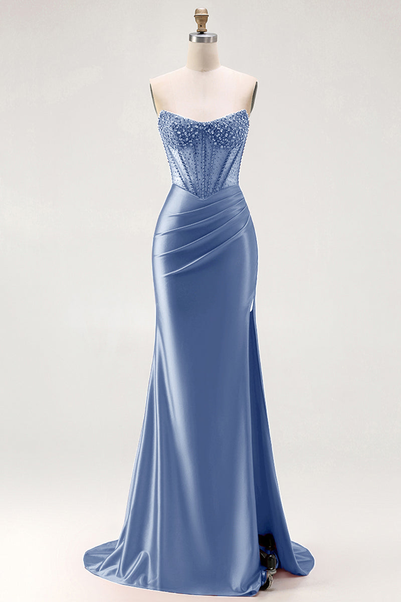 Load image into Gallery viewer, Sparkly Red Mermaid Satin Beaded Long Corset Prom Dress with Slit