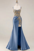 Load image into Gallery viewer, Sparkly Black Satin Floral Appliqued Long Corset Prom Dress with Slit