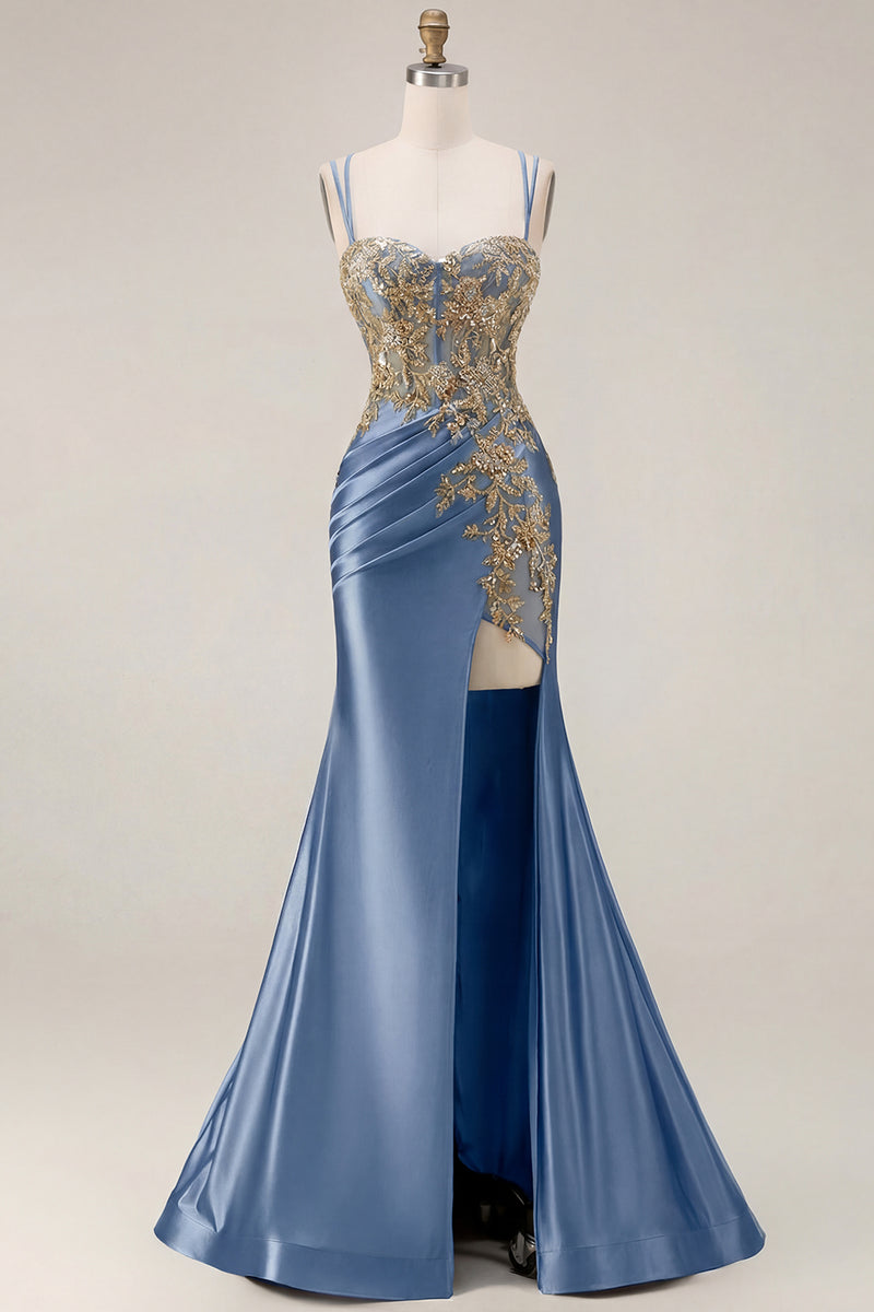 Load image into Gallery viewer, Sparkly Black Satin Floral Appliqued Long Corset Prom Dress with Slit